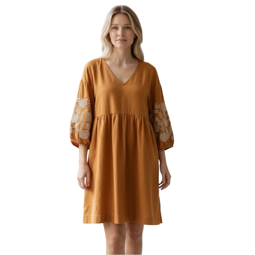 Madewell Embroidered Balloon Sleeves Mustard Popover Dress size XS